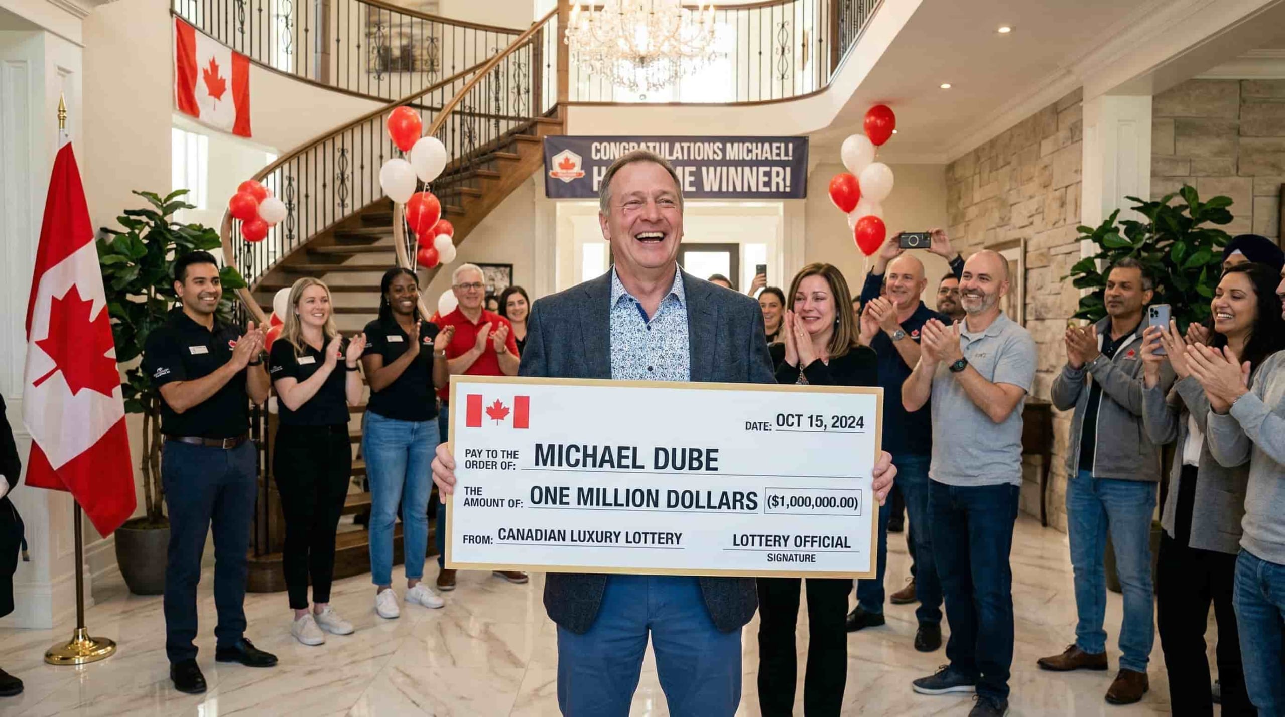 Full House lottery winner celebration with ceremonial cheque in Edmonton